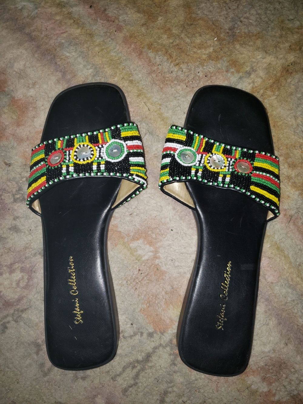 Beaded Slide Mules in Black with Multicolor Accents